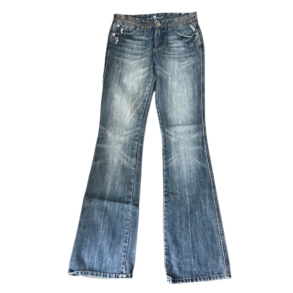 Y2K 7 for all MANKIND STUDDED WAIST  "A" POCKET DISTRESSED DENIM JEANS SIZE 5
